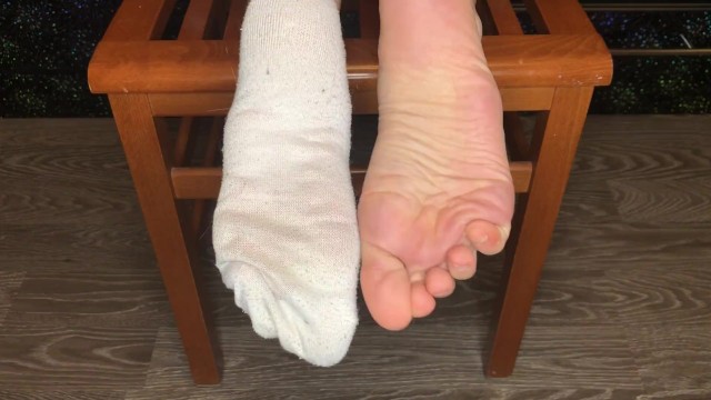 School girl in dirty white socks show stinky foot sniffing pov