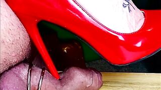 Fem Dom Cock Torture - Red High Heel into Cock - Ouch ! , British Mature POV Stepmom