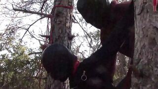 Tied up to a tree outdoor on sexy clothes, wearing pantyhose and high ankle boots heels, rough fuck