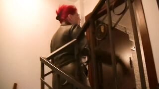 Excited her toilet in seetrough catsuit