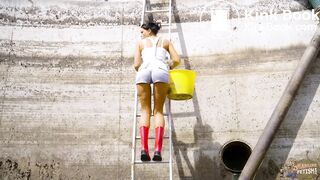 Christy Ley in the manure pit