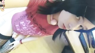 Cute sissy femboy blowjob and cum swallow in chastity