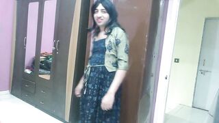 Sexy sissy crossdresser femboy in a long dress, showing her glorryhole and dancing dick.
