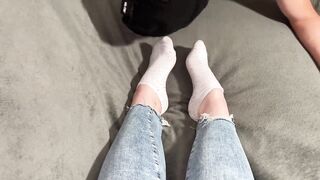 Slave made to lick and sniff goddess feet and got cum kicked out of his balls