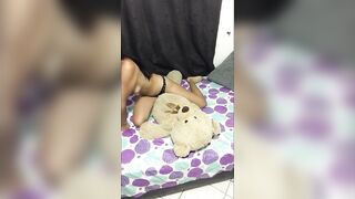 Hot babysitter masturbates with horny teddy bear