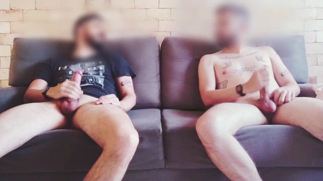 Two Guys Jerking Off Together Big Dick and Moans With Pleasure Cum