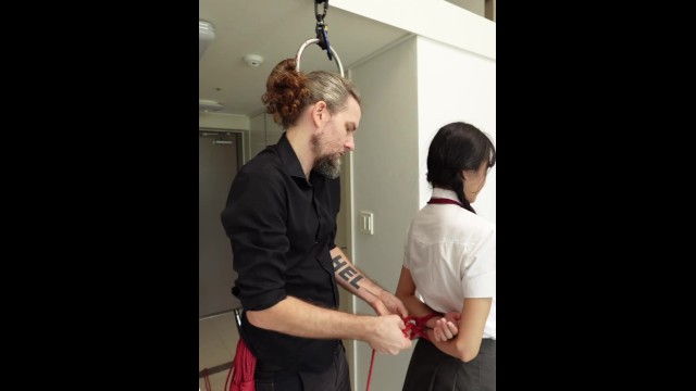 Shibari session and squirting with 18yo Japanese schoolgirl Baebi Hel - robe bondage - BDSM