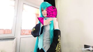 Cutie Vocaloid Hatsune Miku came to visit a fan after the concert, sucked his cock and fucked him