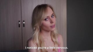 A gorgeous escort girl came to the call for the first time and allowed to cum in a tight pink pussy