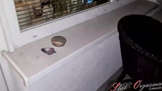 Slut-Orgasma Celeste behind the window deep throat a dildo and masturbating