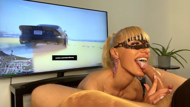 Beautiful amateur blonde can't stop gagging on my dick while I play GTA Online | Saliva Bunny