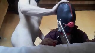 tied, blinfolded and ball gagged then has to suck a big cock, rough deepthroat