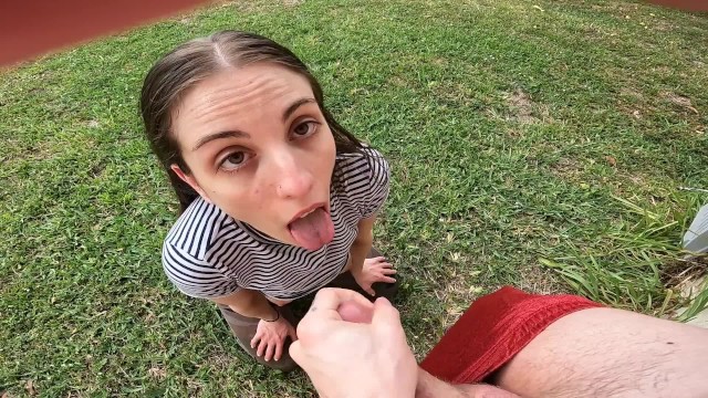 Brunette CumSlut Sucks Cock in Backyard; Throats Until Taking Load in Mouth and Swallows!