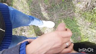 Holding his cock in public while he pees