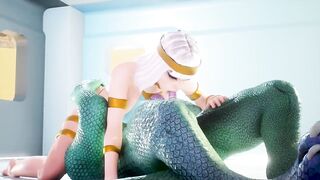 Tatyana visiting green furry dragon with a double thin dick gets a big creampie all over her body