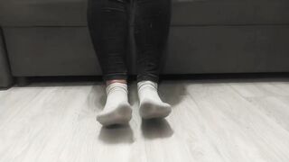 Monika Nylon shows her legs in white socks after a whole day of wearing them, and then shows only th
