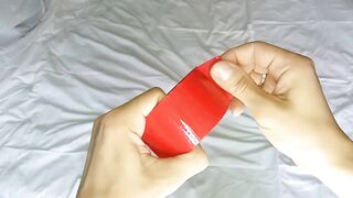Amateur boundage with duct tape - blowjob and quick fucking, hard orgasm