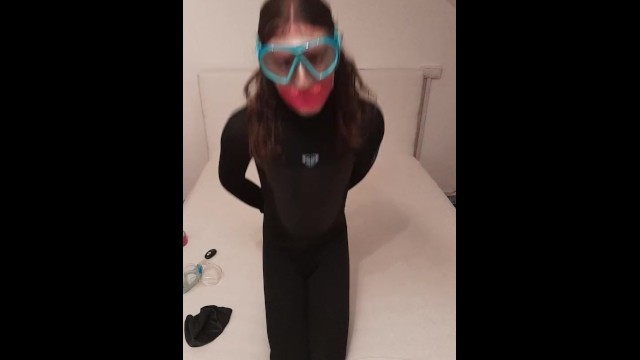 Trans Girl enjoys long Breathplay and Bondage Games in Wetsuit and Snorkel Mask until Orgasm