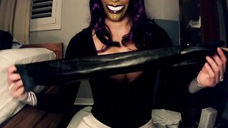 Purple Sheli Pt2! Double masked girl puts on her leather gloves and plays with her huge rubber tits!
