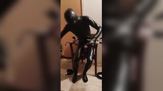 Latex Sissy vibrates in self bondage with chastity and breathplay