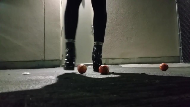 Shiny Black Boots Crushing Oranges - Preview