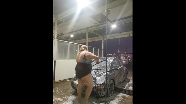 Sissy Washes Car in Womans Swim Suit in Public
