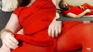 Quick Jerk off session in my Favorite Sexy Red Dress With Red Stockings oh I feel so sexy like this