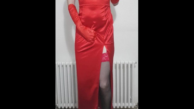 Crossdresser cums in red satin dress and lingerie
