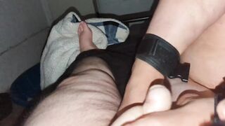 Wife shows off pussy after using feet to get intersex husband off
