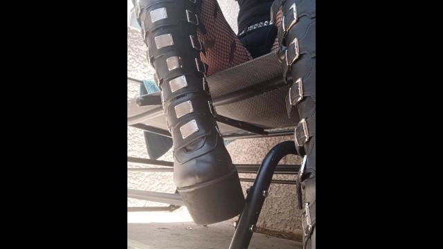 Goth girlfriend goddess in stompy goth boots and fishnets boot/shoe fetish crushing/giantess