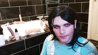 White femboy learns his place, deepthroating bbc dildo while masturbating