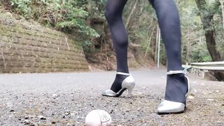 Short shorts black tights leather Japanese crossdress outdoor high heel pumps masturbating crush
