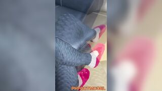 Tgirl Dirty talking in black leggings showing sexy toes and surprise