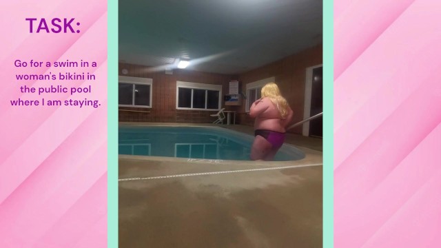 Dare: Chub Sissy Swims in Bikini in Public Pool