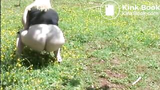 Fat woman shitting in the field