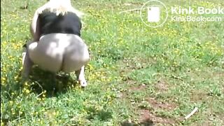 Fat woman shitting in the field