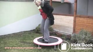 Sexy blonde poops on trampoline