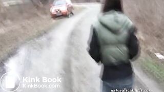 Girl shit and pissing on a bench by the stone wall - Pooping