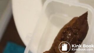 cute girl poops in a plastic food container