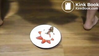 Dirty wife eating poop with strawberries