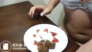 Dirty wife eating poop with strawberries