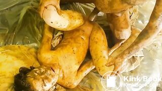 Messy 3-some, eating drinking vomiting