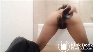 Hairy babe riding shitty dildo