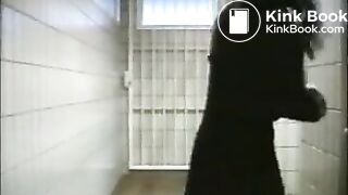 Squirting enema in public toilet entrance