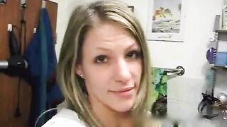 pretty blonde in leggings pants poos a toilet