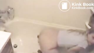 Blonde teen craps in the bathtub