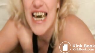 Fat white bitch eats a shit hotdog