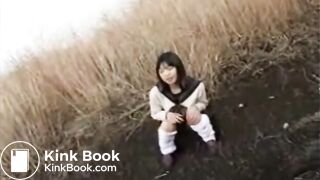 Asian school girl back yard shit