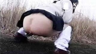 Asian school girl back yard shit