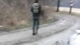 Girl shit and pissing on a bench by the stone wall _ Girls pooping indoor